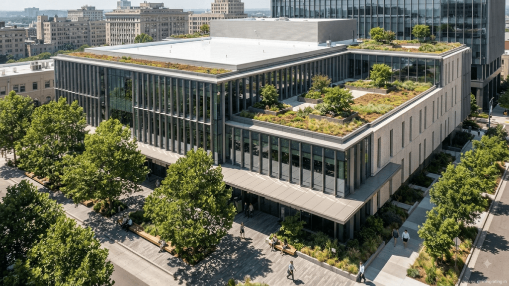 Modern commercial building with a reflective cool roof, rooftop vegetation, trees, and shaded areas designed to reduce heat buildup.