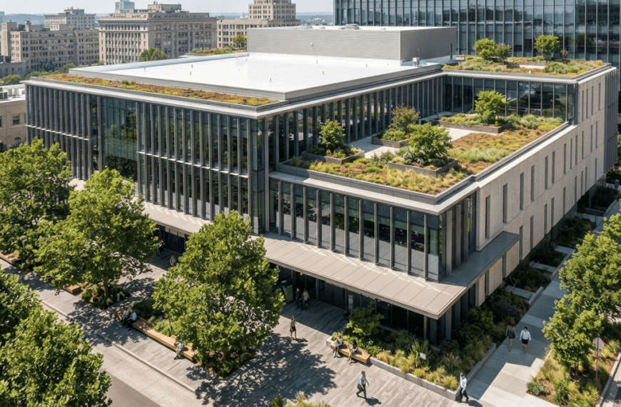 Modern commercial building with a reflective cool roof, rooftop vegetation, trees, and shaded areas designed to reduce heat buildup.