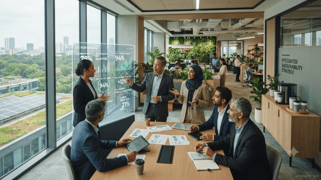ESG Strategies. Corporate sustainability team integrating ESG strategies into business operations
