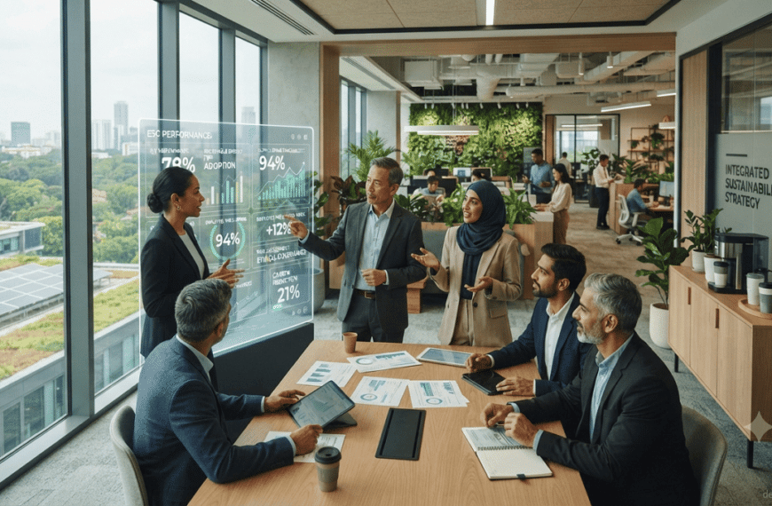 ESG Strategies. Corporate sustainability team integrating ESG strategies into business operations