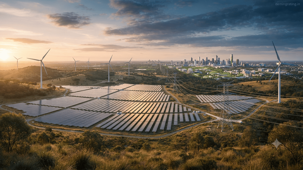 Large-scale solar farm and wind turbines generating off-site renewable energy with power transmission lines connecting clean energy infrastructure to a distant city.