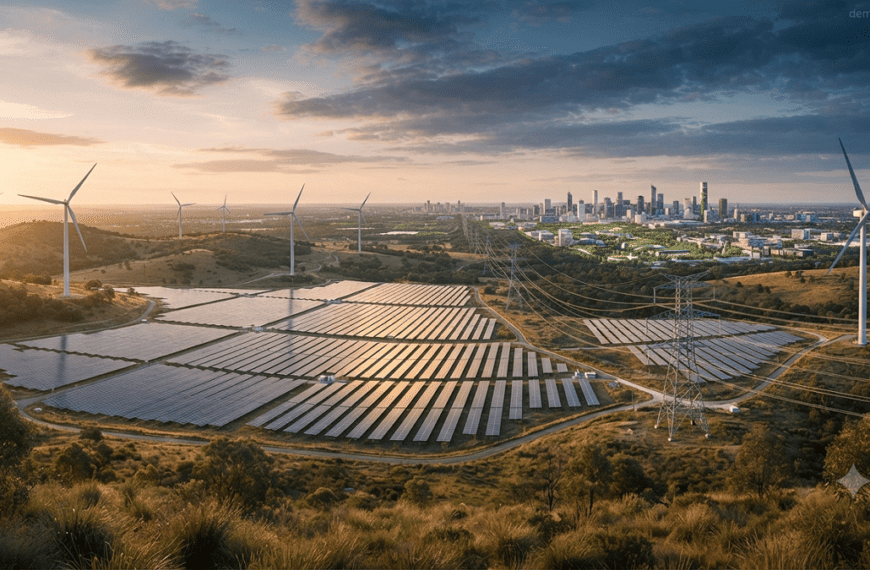 Large-scale solar farm and wind turbines generating off-site renewable energy with power transmission lines connecting clean energy infrastructure to a distant city.