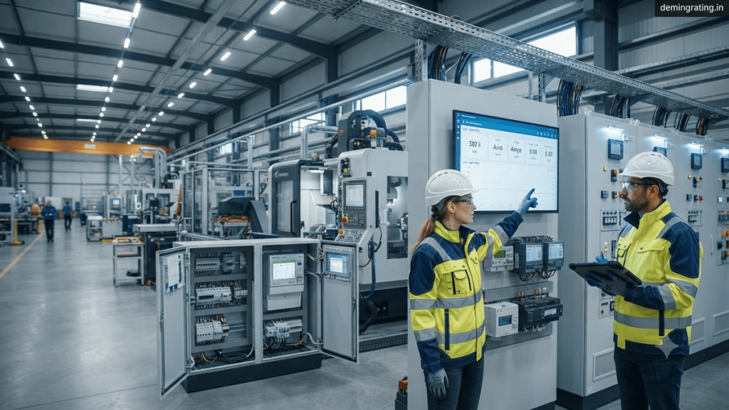 Industrial facility with smart energy meters, electrical panels, and engineers monitoring power consumption data for energy management.
