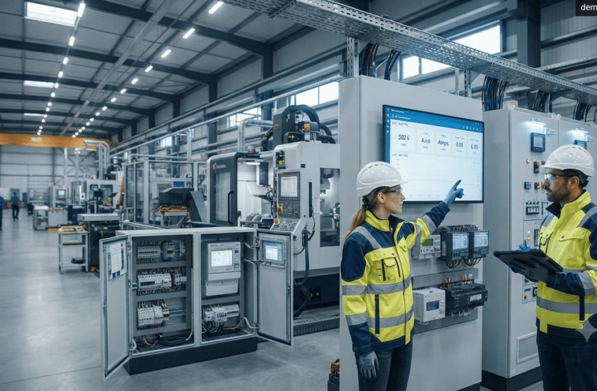 Industrial facility with smart energy meters, electrical panels, and engineers monitoring power consumption data for energy management.