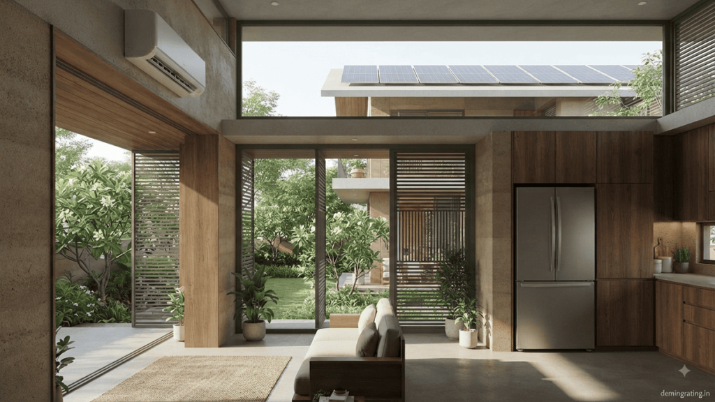 Energy-efficient green home interior with CFC-free refrigerator, air-conditioning, natural daylight, and sustainable design features.