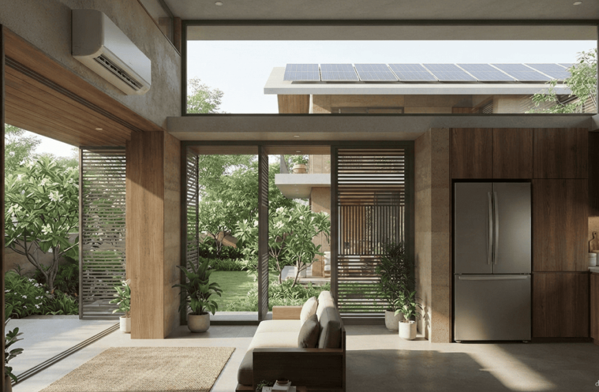 Energy-efficient green home interior with CFC-free refrigerator, air-conditioning, natural daylight, and sustainable design features.