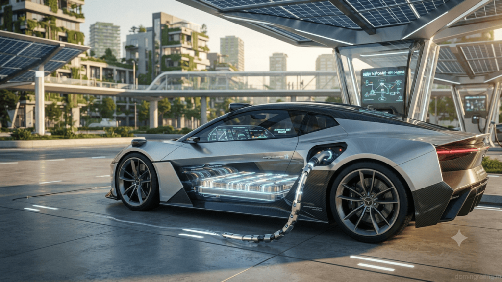 Futuristic electric vehicle connected to an advanced smart charging station with AI technology, battery innovation, and renewable energy integration.