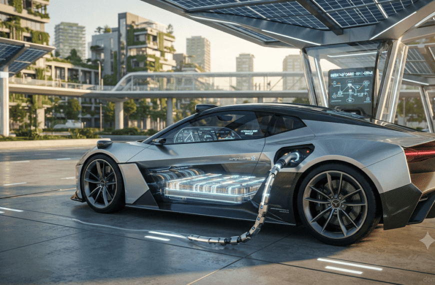 Futuristic electric vehicle connected to an advanced smart charging station with AI technology, battery innovation, and renewable energy integration.