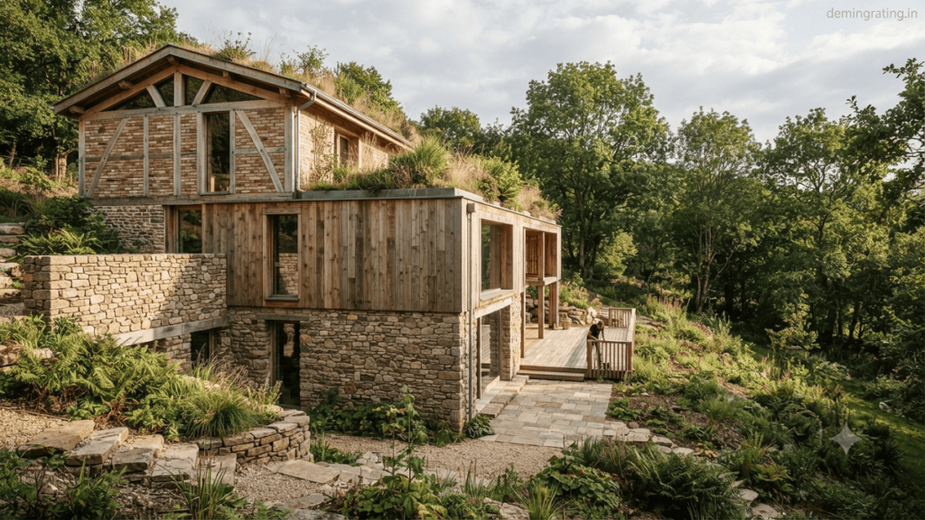 Sustainable building designed with locally sourced stone, timber, clay, and natural materials integrated with the surrounding landscape.