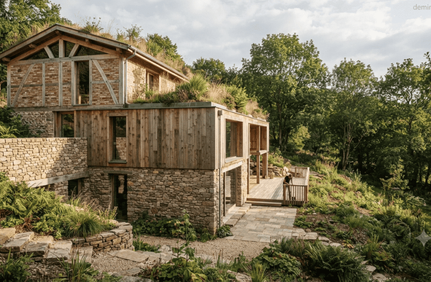 Sustainable building designed with locally sourced stone, timber, clay, and natural materials integrated with the surrounding landscape.