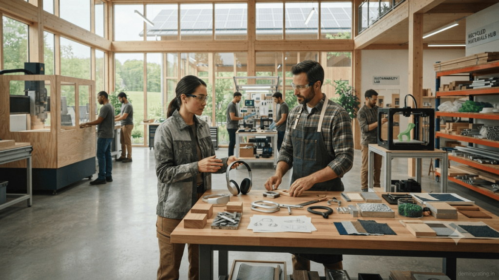 Designers developing sustainable products using recycled metals, plastics, responsibly sourced wood, natural fibers, and reusable packaging.