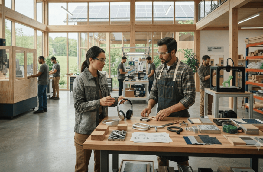Designers developing sustainable products using recycled metals, plastics, responsibly sourced wood, natural fibers, and reusable packaging.