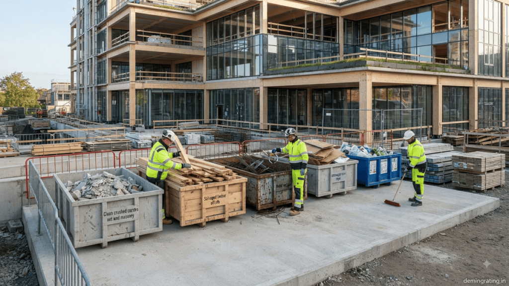 Workers sorting concrete, wood, metal, cardboard, and recyclable materials in organized construction waste containers at a sustainable building site.
