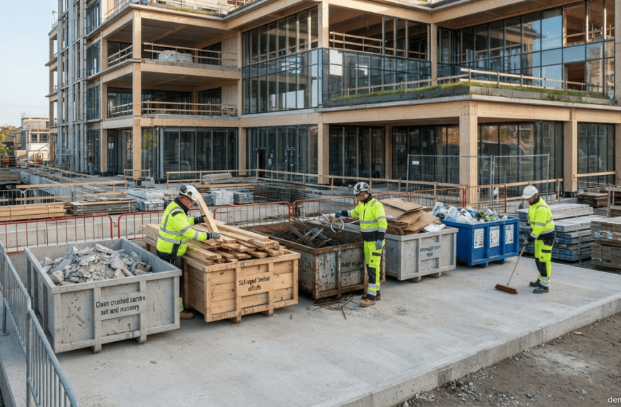 Workers sorting concrete, wood, metal, cardboard, and recyclable materials in organized construction waste containers at a sustainable building site.