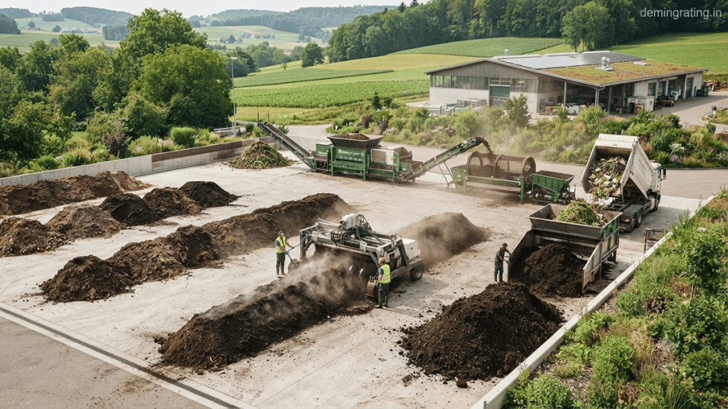 Organic waste management facility processing food scraps, garden waste, and agricultural residues into compost through sustainable recycling methods.