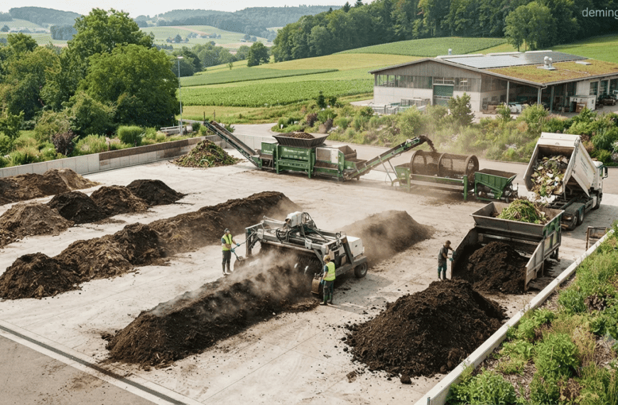 Organic waste management facility processing food scraps, garden waste, and agricultural residues into compost through sustainable recycling methods.