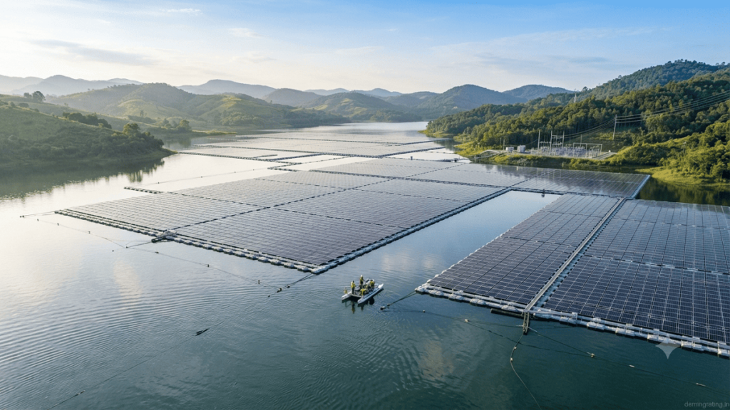 Floating solar energy. Large floating solar farm installed across a freshwater reservoir