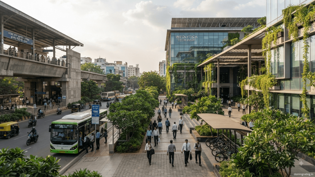 Sustainable commercial building connected to public transport and an electric shuttle service
