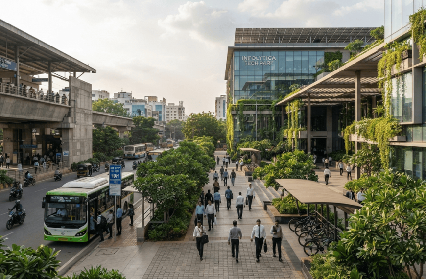 Sustainable commercial building connected to public transport and an electric shuttle service