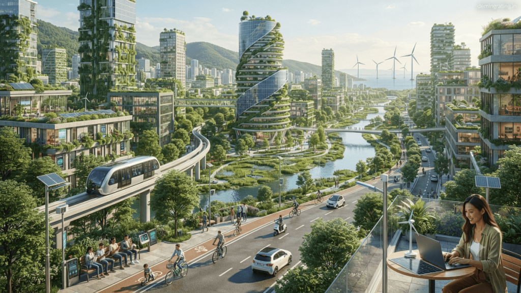 Future of environmental protection. Eco-Vision A smart sustainable city with green buildings, solar energy systems, electric transportation, and eco-friendly technology integrated with nature.