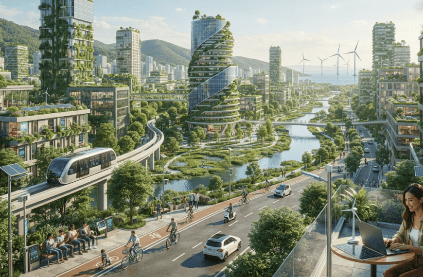 Future of environmental protection. Eco-Vision A smart sustainable city with green buildings, solar energy systems, electric transportation, and eco-friendly technology integrated with nature.