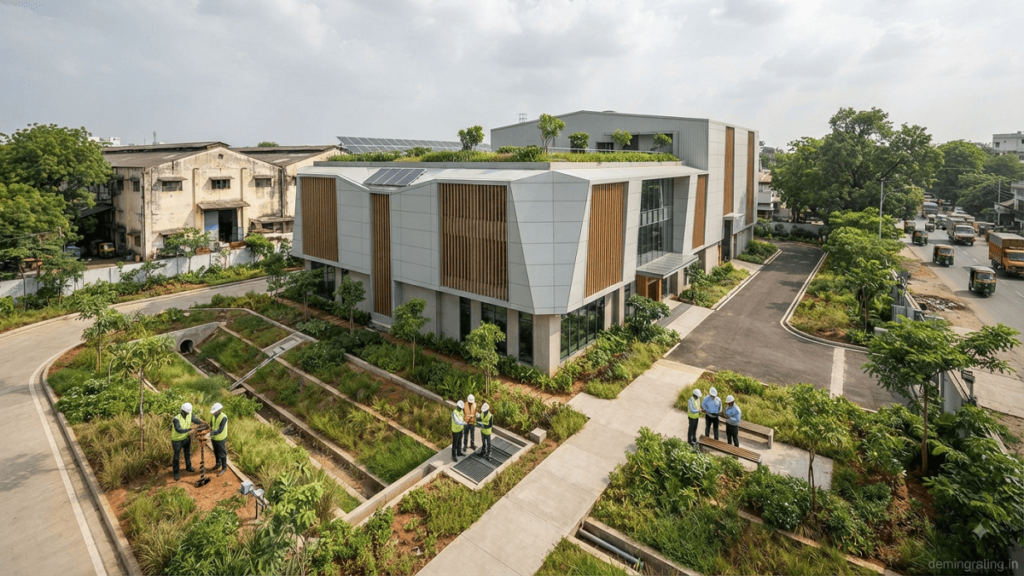 Remediated industrial site transformed into a sustainable green building with landscaped areas, pedestrian pathways, and environmental monitoring.