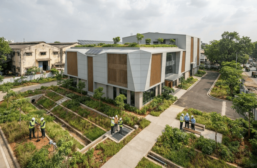 Remediated industrial site transformed into a sustainable green building with landscaped areas, pedestrian pathways, and environmental monitoring.