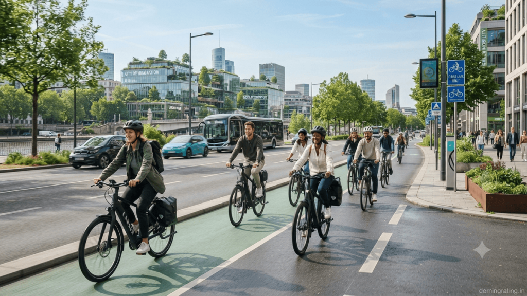 Commuters riding electric bikes through a modern city with cycling lanes and sustainable transportation infrastructure.