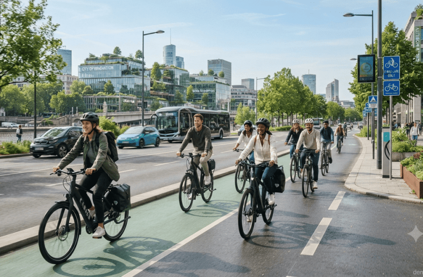 Commuters riding electric bikes through a modern city with cycling lanes and sustainable transportation infrastructure.