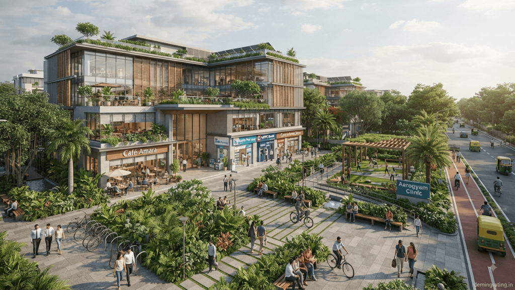 Modern green building surrounded by basic amenities, landscaped gardens, pedestrian pathways, a café, pharmacy, healthcare clinic, ATM, and recreational spaces.