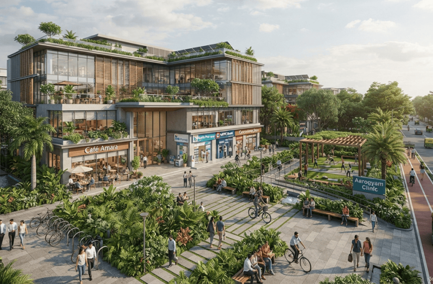 Modern green building surrounded by basic amenities, landscaped gardens, pedestrian pathways, a café, pharmacy, healthcare clinic, ATM, and recreational spaces.