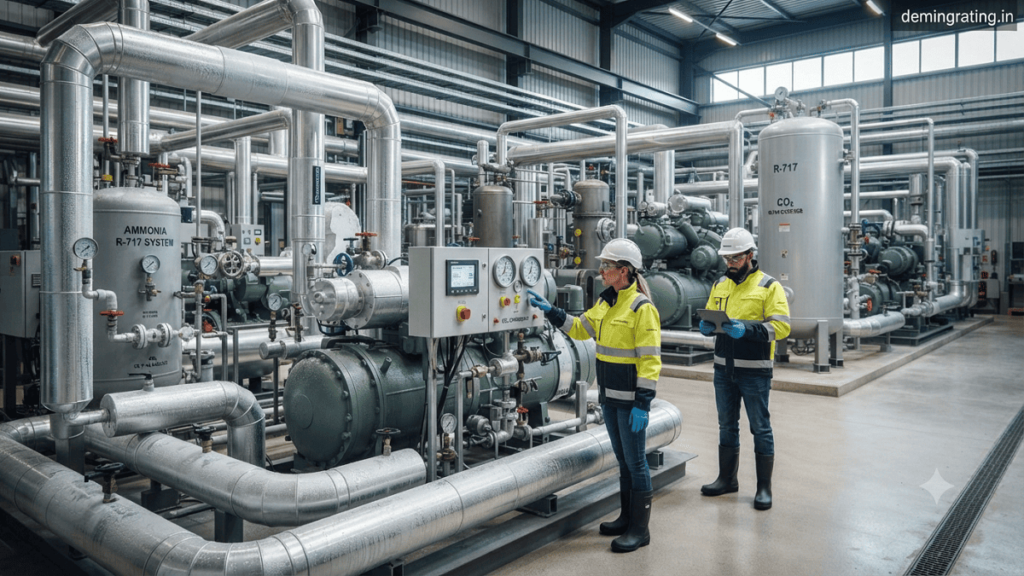 Modern industrial refrigeration plant using eco-friendly refrigerants with stainless-steel pipes, compressors, and technicians in a sustainable cooling facility.