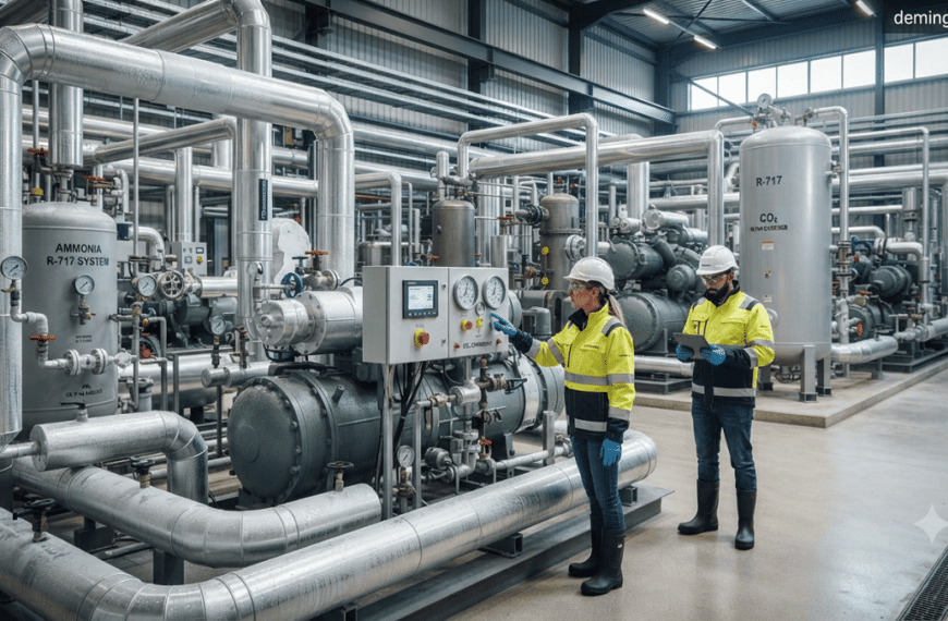 Modern industrial refrigeration plant using eco-friendly refrigerants with stainless-steel pipes, compressors, and technicians in a sustainable cooling facility.
