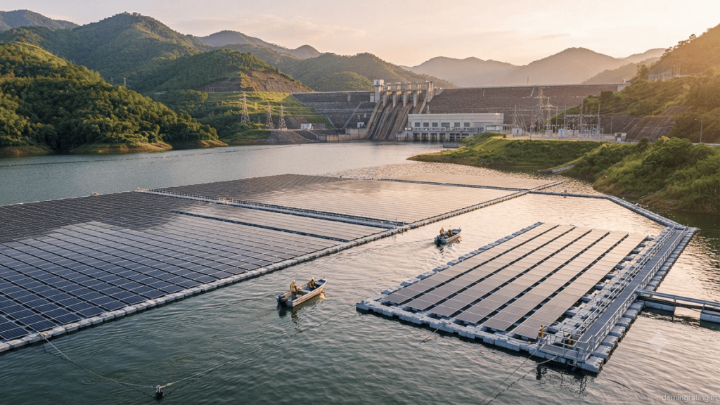 Floating solar panels installed on a hydropower reservoir