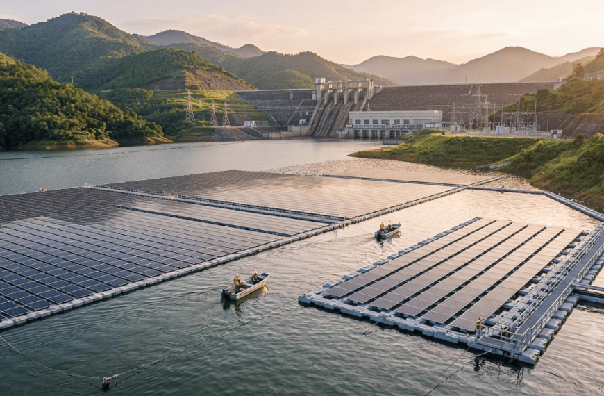 Floating solar panels installed on a hydropower reservoir