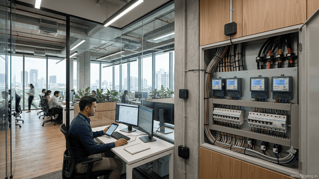 Energy Sub-metering Modern commercial building with digital energy sub-meters monitoring HVAC and lighting systems.