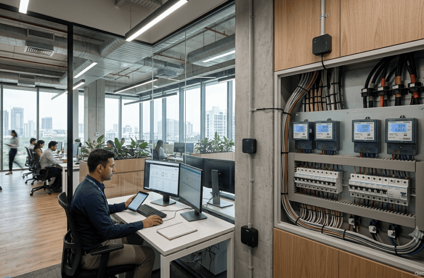 Energy Sub-metering Modern commercial building with digital energy sub-meters monitoring HVAC and lighting systems.