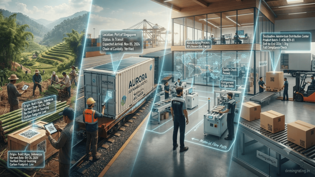 Modern sustainable supply chain showing the traceability of raw materials from sourcing and manufacturing to product distribution.