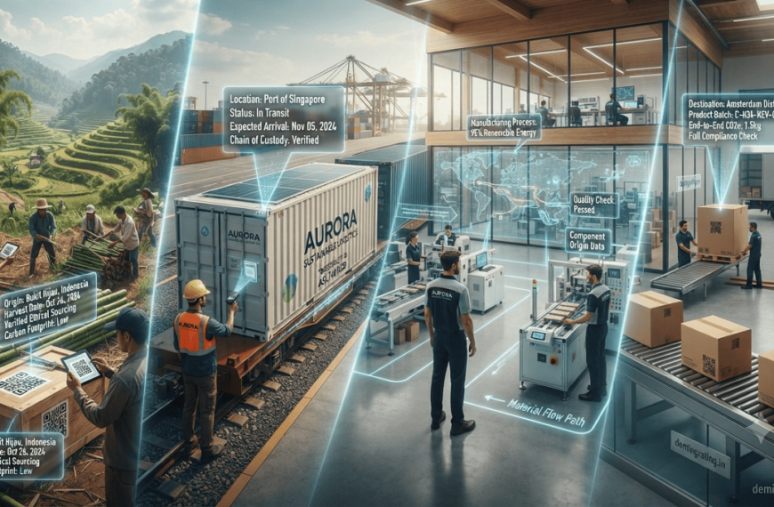 Modern sustainable supply chain showing the traceability of raw materials from sourcing and manufacturing to product distribution.