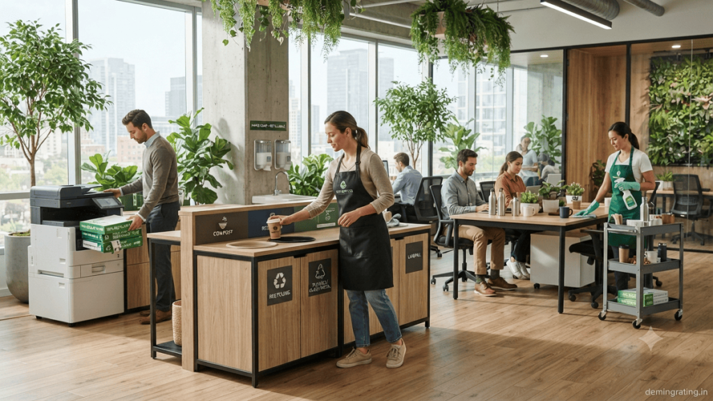 Modern office using recycled paper, refillable supplies, eco-certified cleaning products, and organized recycling systems.