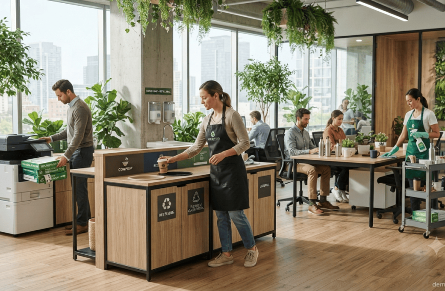 Modern office using recycled paper, refillable supplies, eco-certified cleaning products, and organized recycling systems.