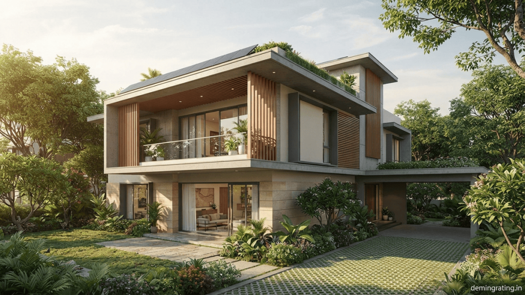 Modern energy-efficient green home with solar panels, shaded windows, natural daylight, and sustainable landscaping.
