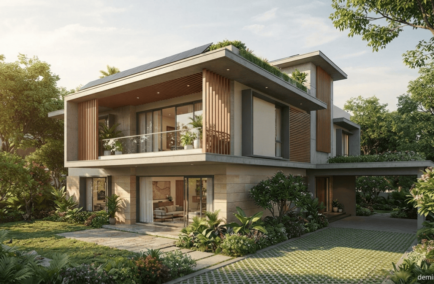 Modern energy-efficient green home with solar panels, shaded windows, natural daylight, and sustainable landscaping.