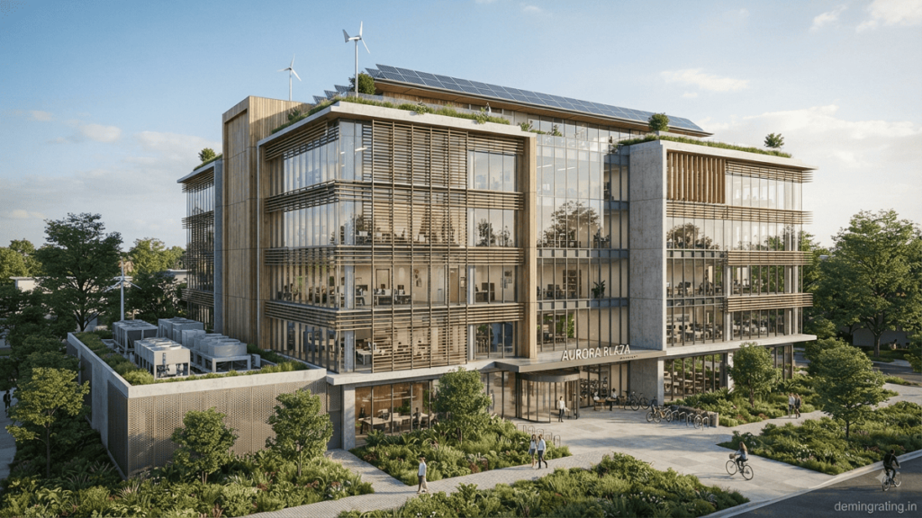 Modern green commercial building featuring energy-efficient design, solar panels, shading systems, and sustainable building technologies.