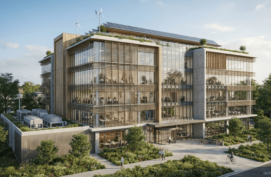 Modern green commercial building featuring energy-efficient design, solar panels, shading systems, and sustainable building technologies.