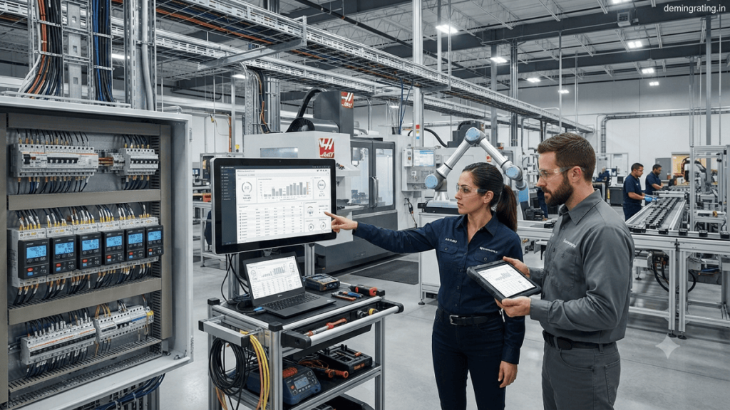 Industrial facility using energy-efficient machinery, smart meters, and monitoring systems to improve energy performance and reduce consumption.